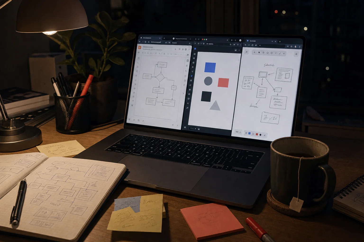 책상 위 노트북에 draw.io, Figma, Excalidraw 세 가지 다이어그램 도구가 한 번에 열린 화면