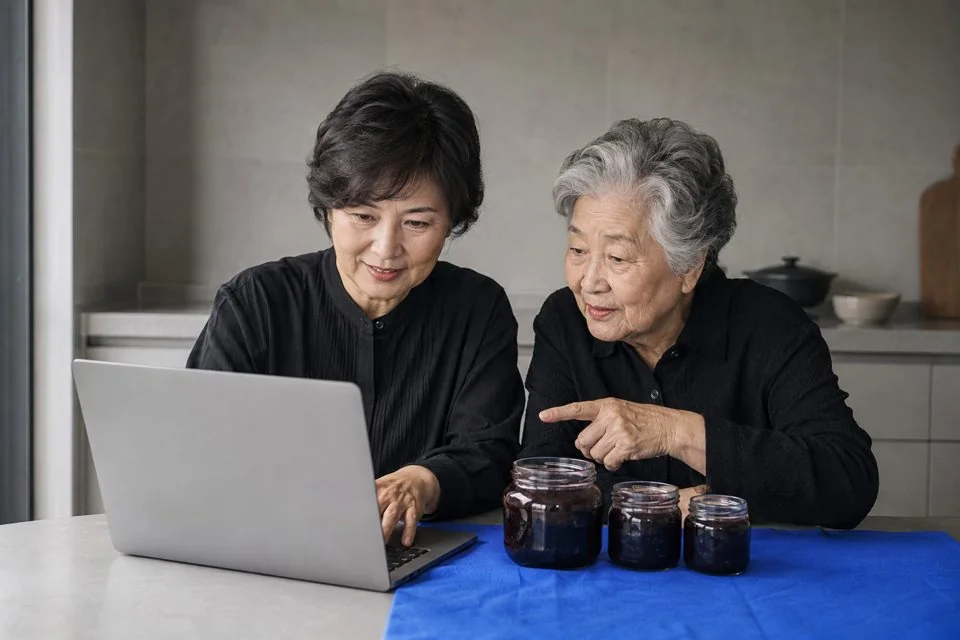 엄마와 할머니가 잼과 노트북을 두고 이야기하는 활용 상황 연출 이미지