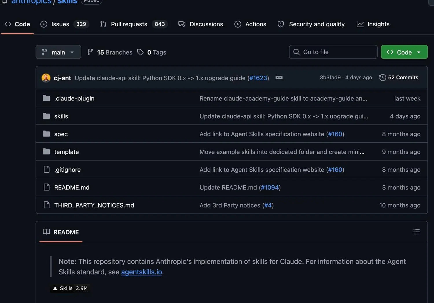 anthropics/skills GitHub 저장소 실제 화면
