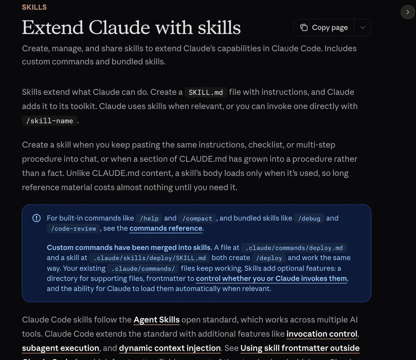 Claude Code 공식 문서의 스킬 페이지