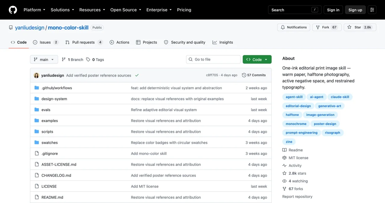yanliudesign/mono-color-skill 저장소의 GitHub 화면